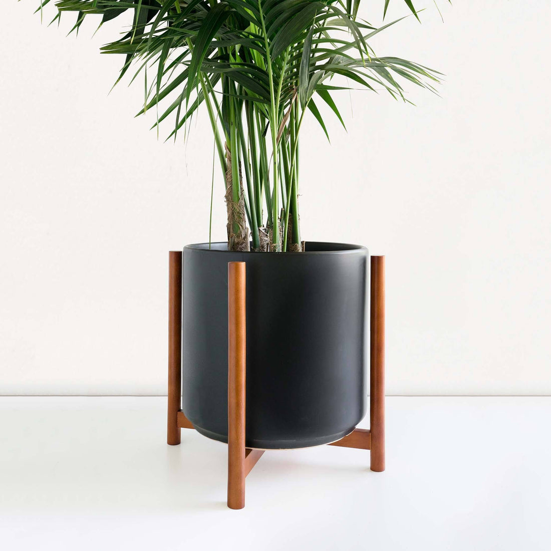 Classic Ceramic Planter + Maple Wood Stand Set Planter Peach & Pebble Black LG Maple